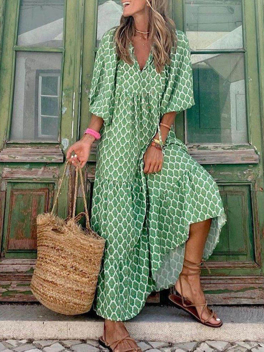 Bohemian Printed Maxi Dress - Flowy Boho-Chic Silhouette with Vibrant Pattern