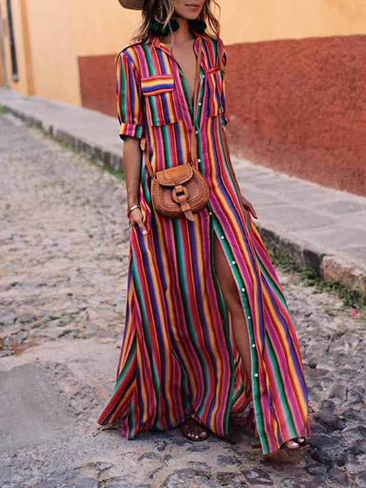 Effortless Casual Striped Print Shirt & Maxi Skirt Set