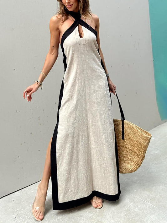 Color-Block Halter-Neck Maxi Dress with Slit