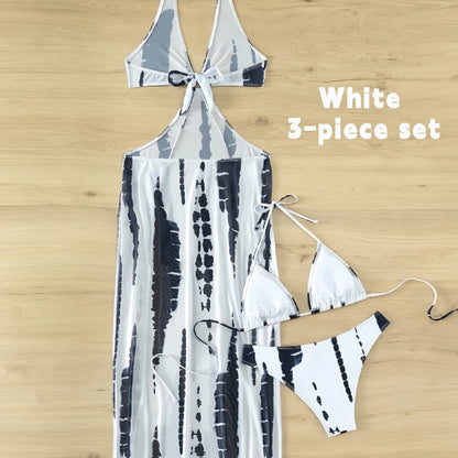 Halter-Neck Cutout Tie-Dye Swimsuit & Beach Dress Set