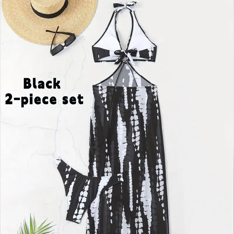 Halter-Neck Cutout Tie-Dye Swimsuit & Beach Dress Set