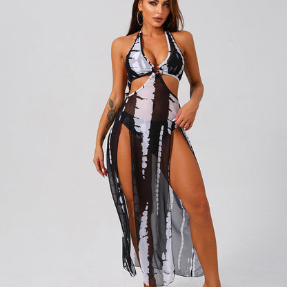Halter-Neck Cutout Tie-Dye Swimsuit & Beach Dress Set