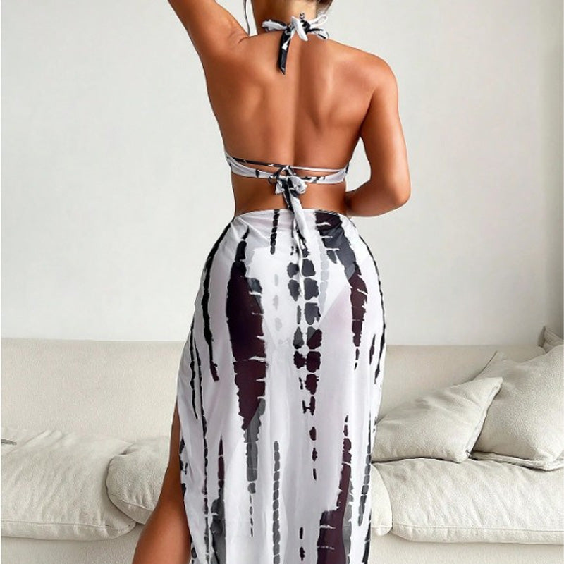 Halter-Neck Cutout Tie-Dye Swimsuit & Beach Dress Set