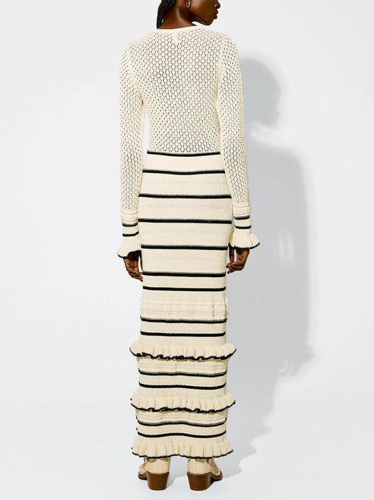 Knit Stripe Ruffle Maxi Dress with Long Sleeves